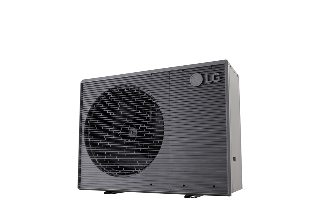 Pompes à chaleur air-eau LG HM121MRS UB40, vue en bas à droite d’une unité extérieure noire dotée d’une grille ondulée grise.