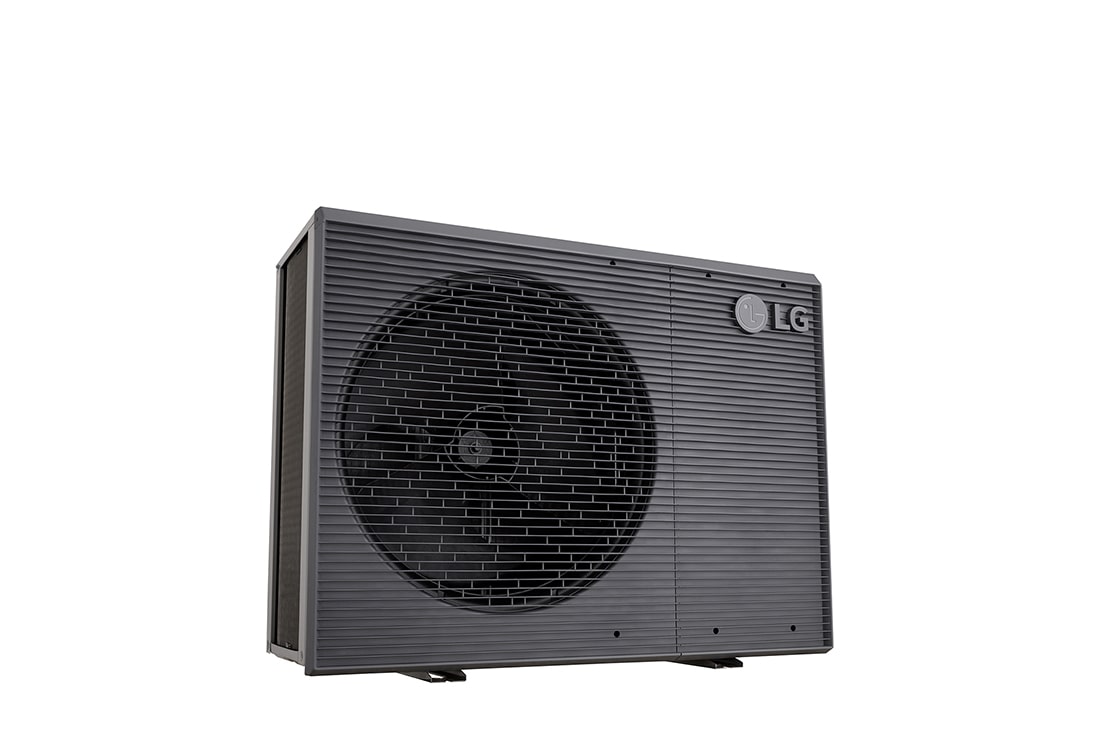 Pompes à chaleur air-eau LG HM121MRS UB40, vue latérale inférieure gauche d’une unité extérieure noire dotée d’une grille ondulée grise.