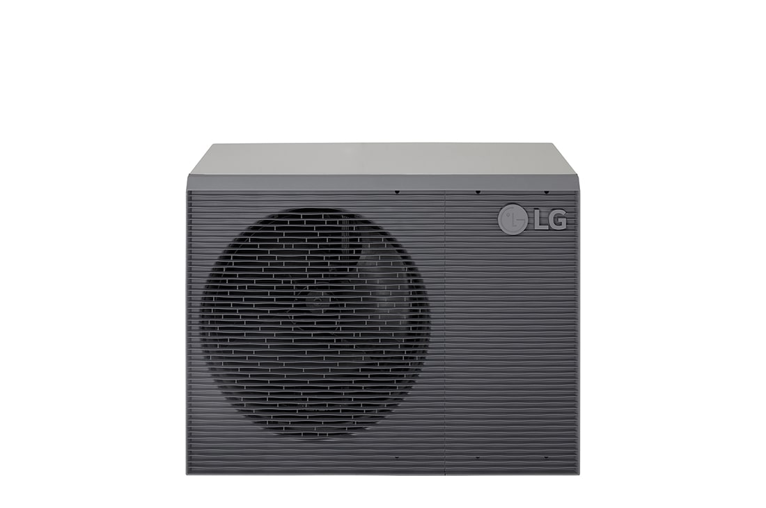 Pompes à chaleur air-eau LG HM121MRS UB40, vue avant de dessus d’une unité extérieure noire dotée d’une grille ondulée grise.