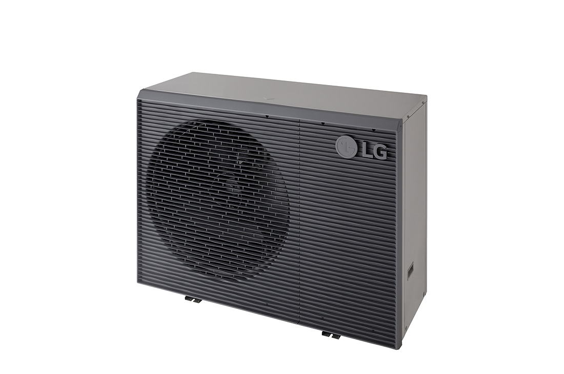 Pompes à chaleur air-eau LG HM121MRS UB40, vue en haut à droite d’une unité extérieure noire dotée d’une grille ondulée grise.
