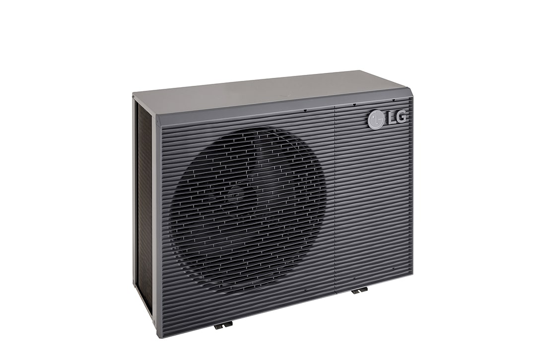 Pompes à chaleur air-eau LG HM121MRS UB40, vue en haut à gauche d’une unité extérieure noire dotée d’une grille ondulée grise.