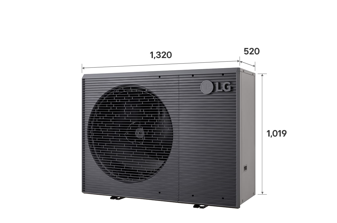 Pompes à chaleur air-eau LG HM121MRS UB40, avec dimensions étiquetées, unité extérieure noire dotée d'une grille ondulée grise.