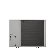Pompes à chaleur air-eau LG HM121MRS UB40, vue arrière d’une unité extérieure noire dotée d’une grille ondulée grise.