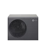 Pompes à chaleur air-eau LG HM121MRS UB40, vue avant de dessus d’une unité extérieure noire dotée d’une grille ondulée grise.