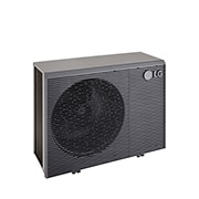 Pompes à chaleur air-eau LG HM121MRS UB40, vue en haut à gauche d’une unité extérieure noire dotée d’une grille ondulée grise.