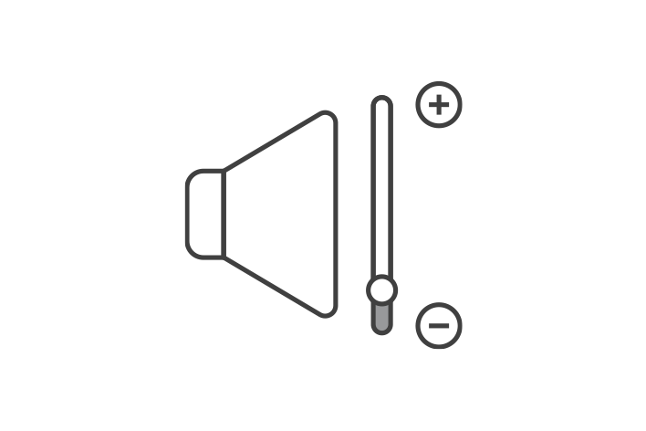 Une icône avec un haut-parleur à gauche et des symboles +, - à droite, avec la barre abaissée à -. Elle représente de faibles niveaux sonores.