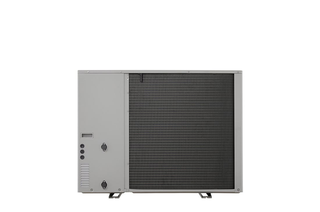 Pompes à chaleur air-eau LG HM141MRS UB40, vue arrière d’une unité extérieure noire dotée d’une grille ondulée grise.