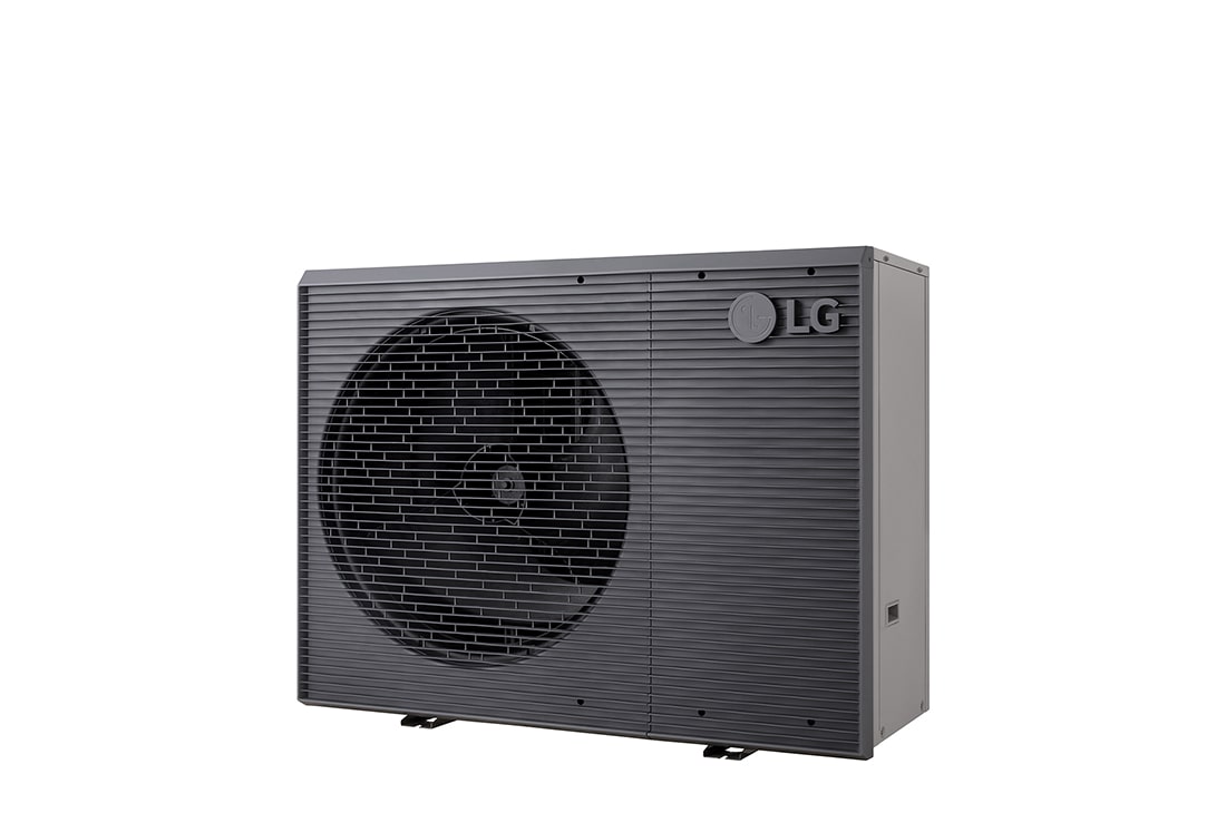 Pompes à chaleur air-eau LG HM141MRS UB40, vue du côté droit d’une unité extérieure noire dotée d’une grille ondulée grise.