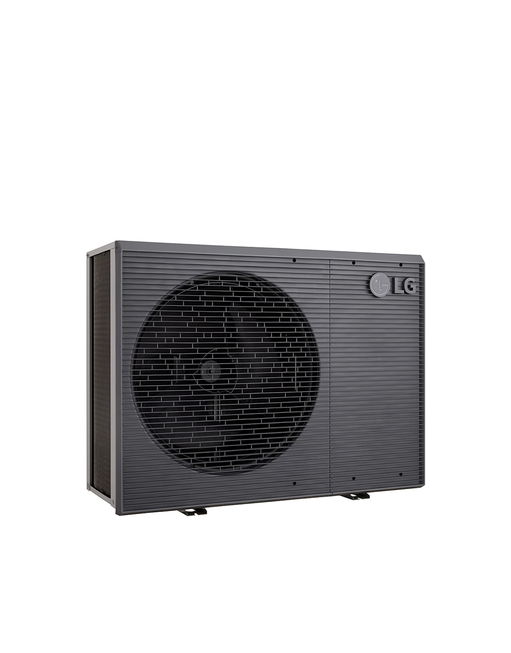 Pompes à chaleur air-eau LG HM141MRS UB40, vue du côté gauche d’une unité extérieure noire dotée d’une grille ondulée grise.