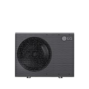 Pompes à chaleur air-eau LG HM141MRS UB40, vue avant d’une unité extérieure noire dotée d’une grille ondulée grise.