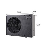 Pompes à chaleur air-eau LG HM141MRS UB40, avec dimensions étiquetées, unité extérieure noire dotée d'une grille ondulée grise.
