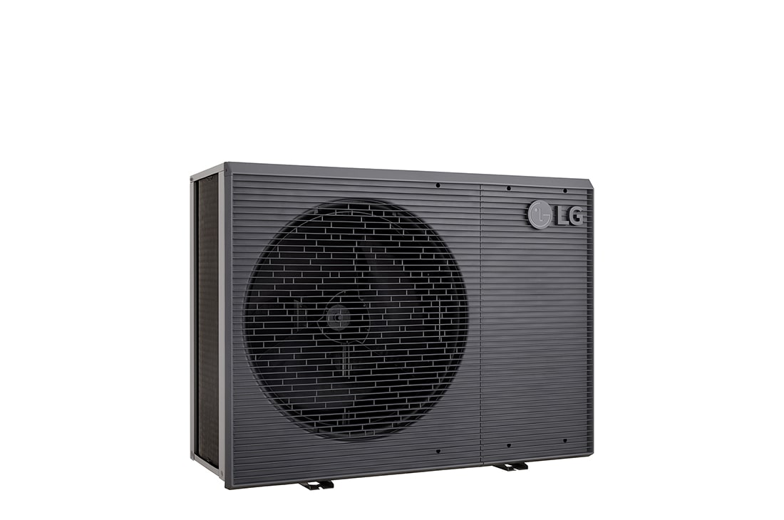 Pompes à chaleur air-eau LG HM161MRS UB40, vue du côté gauche d’une unité extérieure noire dotée d’une grille ondulée grise.