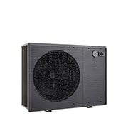 Pompes à chaleur air-eau LG HM161MRS UB40, vue du côté gauche d’une unité extérieure noire dotée d’une grille ondulée grise.
