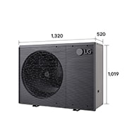 Pompes à chaleur air-eau LG HM161MRS UB40, avec dimensions étiquetées, unité extérieure noire dotée d'une grille ondulée grise.