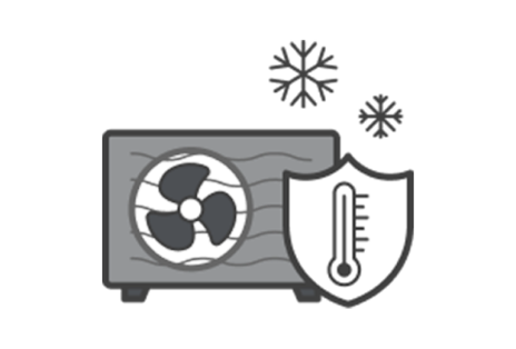 On voit une icône d’unité extérieure grise contenant un ventilateur et une grille ondulée tandis qu’un thermomètre à l’intérieur d’un badge de bouclier sur la droite indique des températures élevées, avec deux flocons de neige en haut.