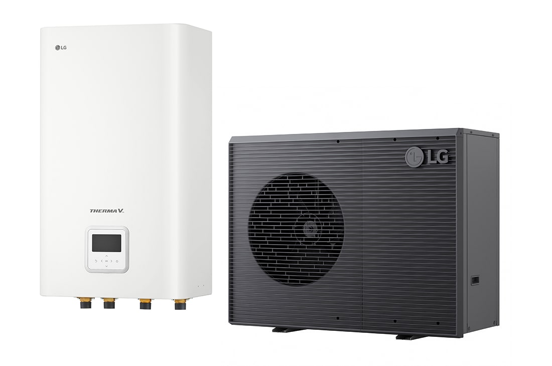 Nouvelle pompe à chaleur air-eau THERMA V LG de couleur noire conçue avec une grille ondulée grise