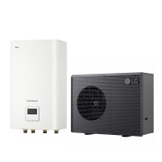 Nouvelle pompe à chaleur air-eau THERMA V LG de couleur noire conçue avec une grille ondulée grise