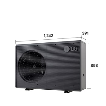LG Air to Water Heat Pumps HM051MRS UA40, with dimensions labeled, black outdoor unit featuring a grey wavy grille.