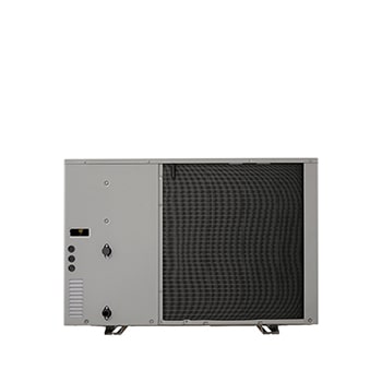 LG Air to Water Heat Pumps HM051MRS UA40, back view of a black outdoor unit featuring a grey wavy grille.
