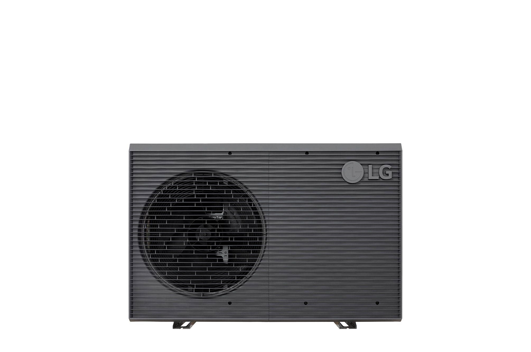 LG Air to Water Heat Pumps HM051MRS UA40, front view of a black outdoor unit featuring a grey wavy grille.