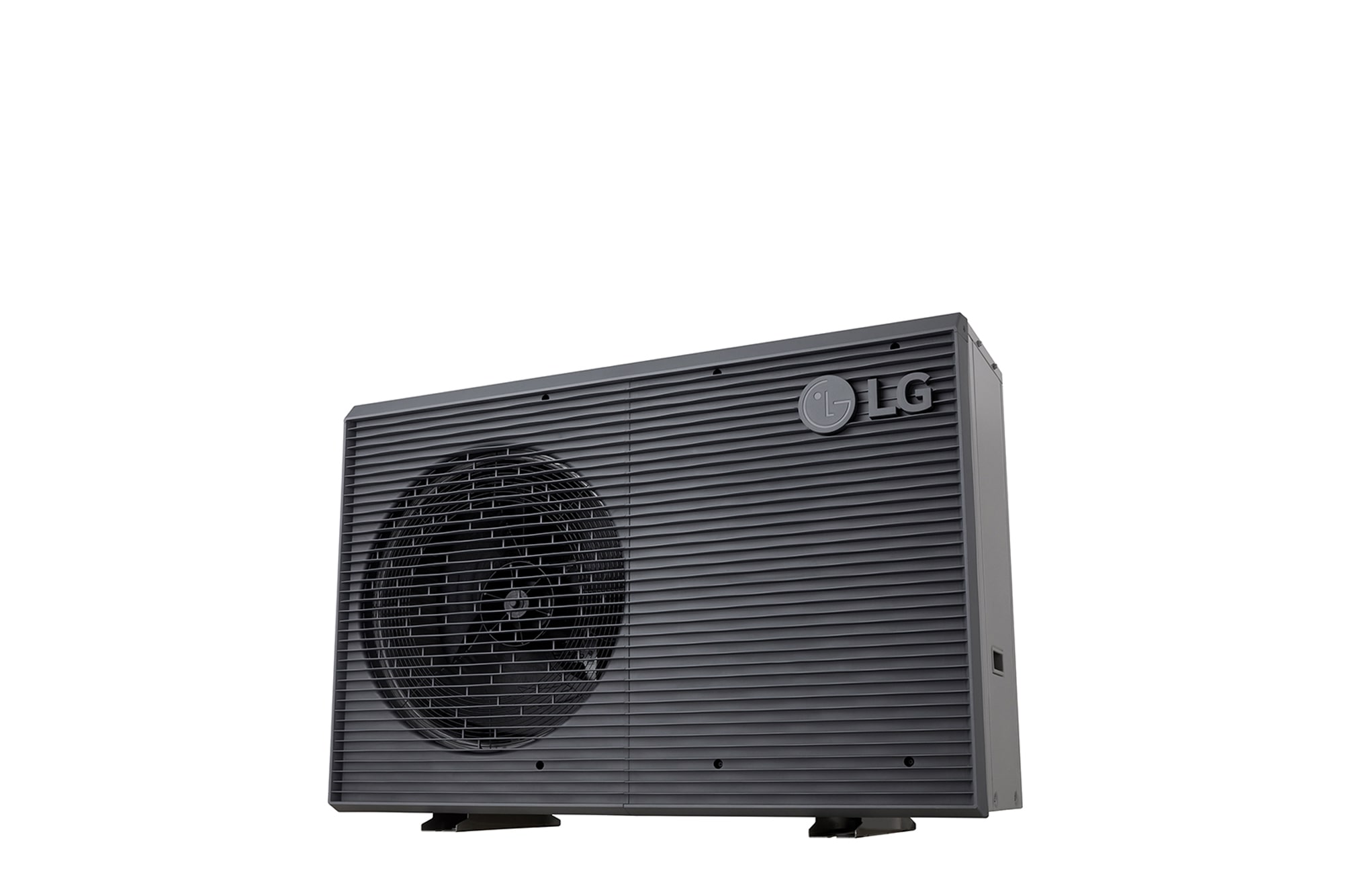 LG Air to Water Heat Pumps HM051MRS UA40, bottom-right view of a black outdoor unit featuring a grey wavy grille.