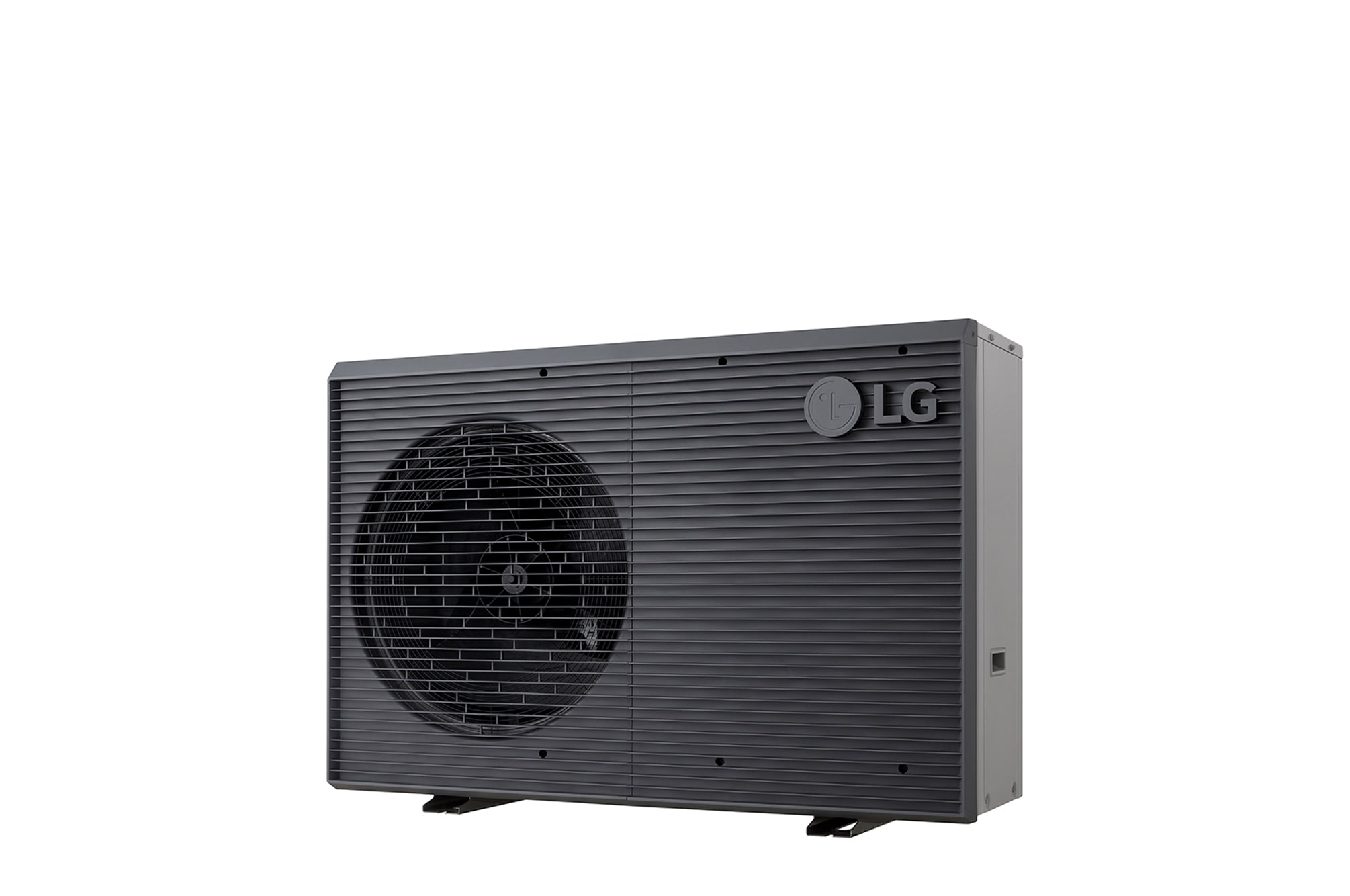 LG Air to Water Heat Pumps HM051MRS UA40, right angle view of a black outdoor unit featuring a grey wavy grille.