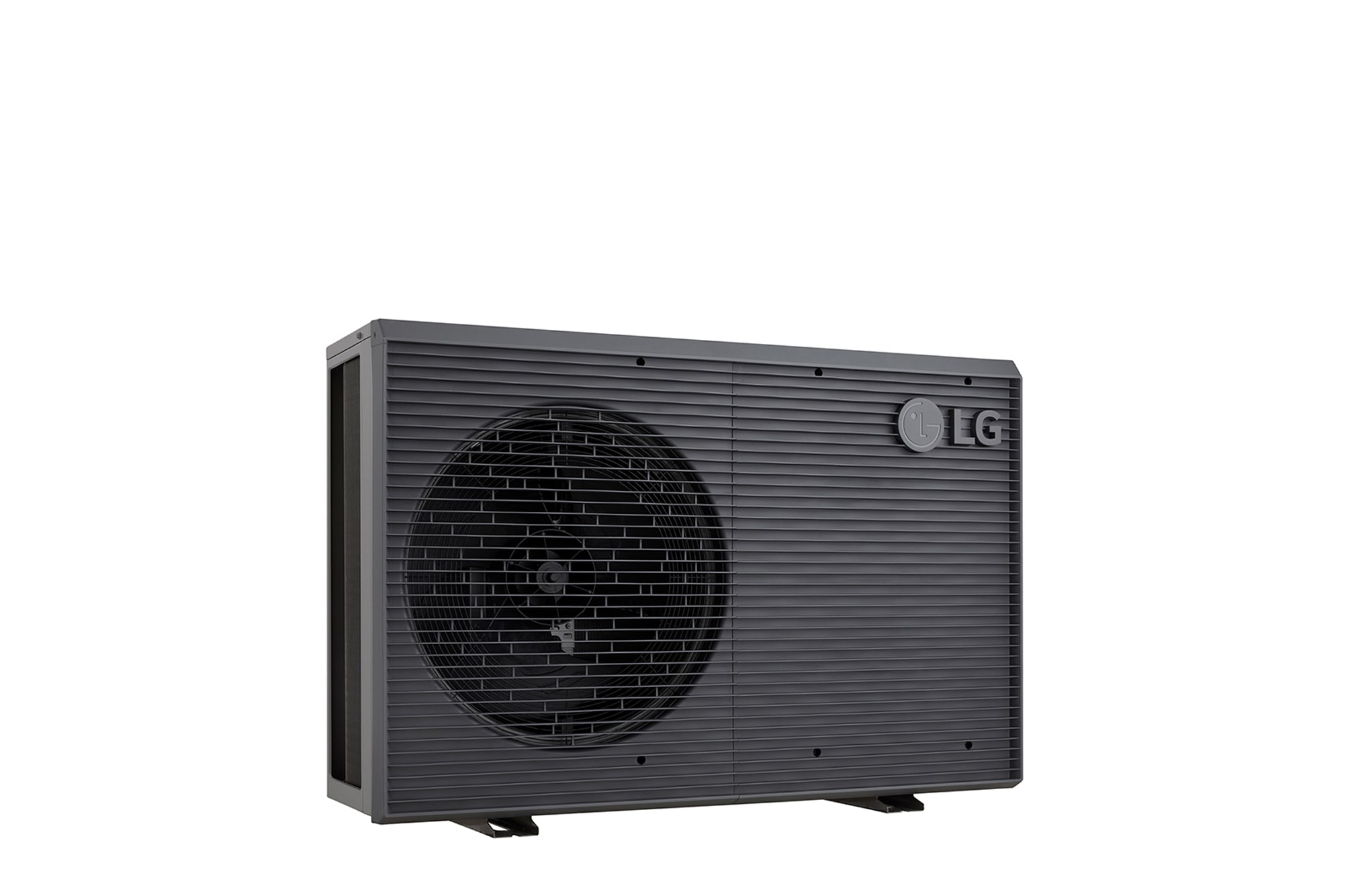LG Air to Water Heat Pumps HM051MRS UA40, left angle view of a black outdoor unit featuring a grey wavy grille.
