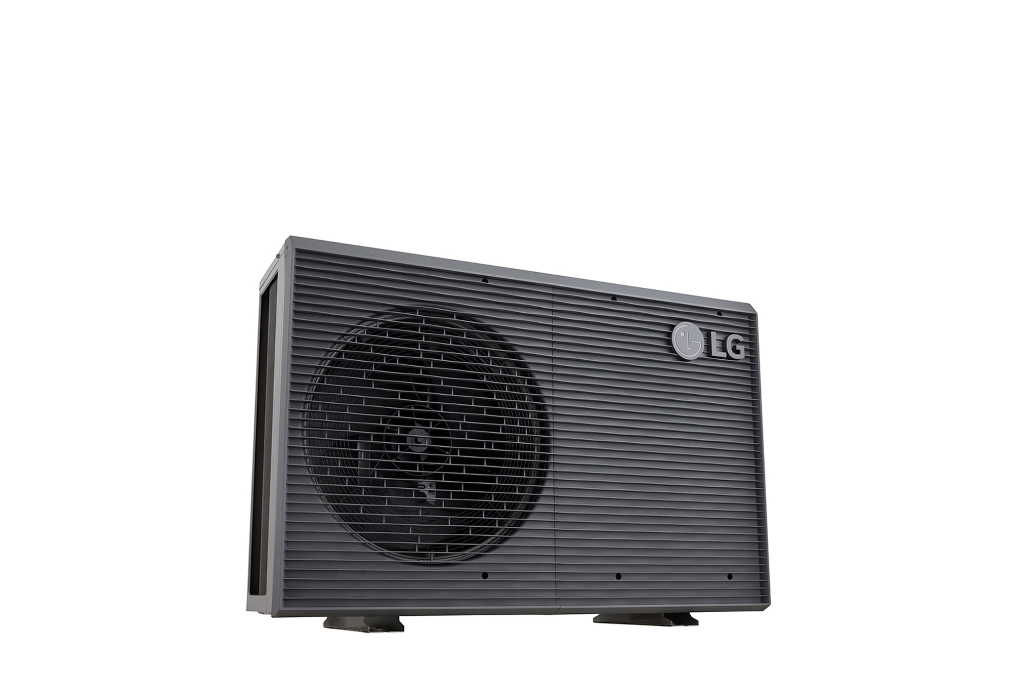 LG Air to Water Heat Pumps HM051MRS UA40, bottom-left side view of a black outdoor unit featuring a grey wavy grille.