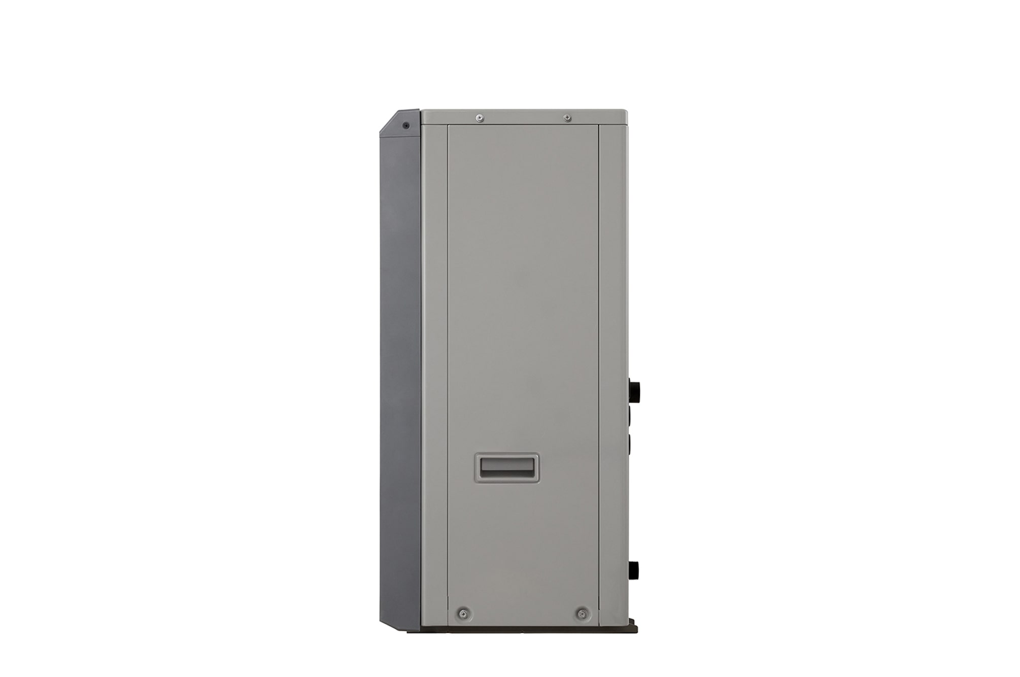 LG Air to Water Heat Pumps HM051MRS UA40, right side view of a black outdoor unit featuring a grey wavy grille.