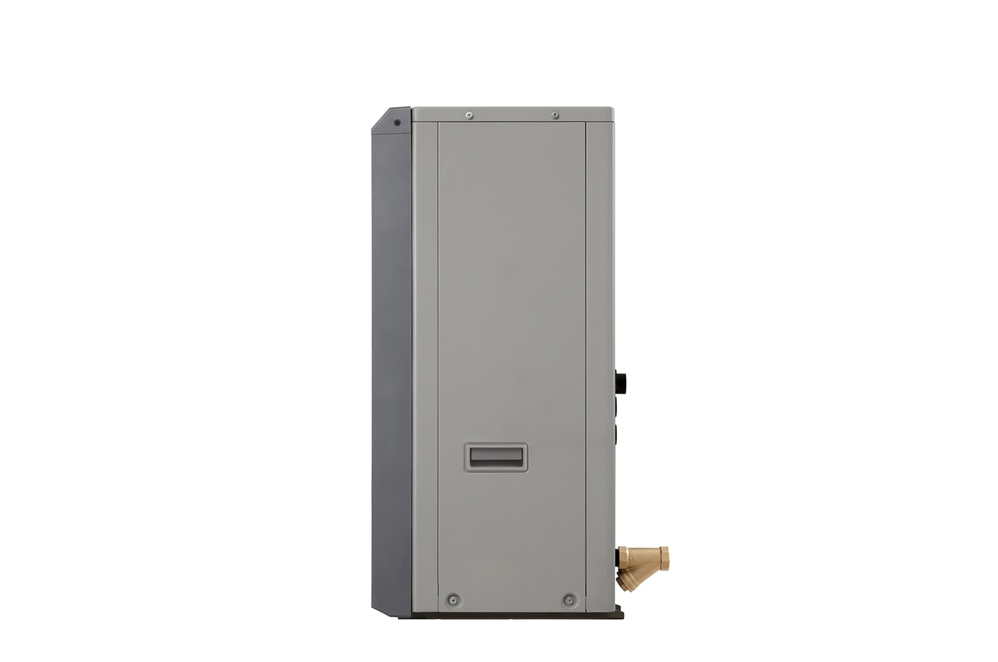 LG Air to Water Heat Pumps HM051MRS UA40, right side view of a black outdoor unit featuring a grey wavy grille with inlet.