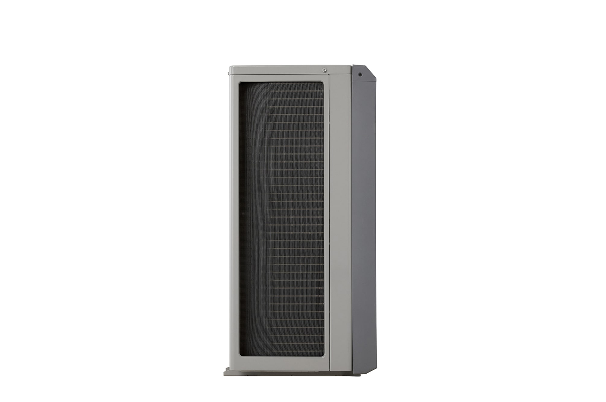 LG Air to Water Heat Pumps HM051MRS UA40, left side view of a black outdoor unit featuring a grey wavy grille.