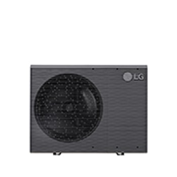 LG Air to Water Heat Pumps  HM051MRS UA40, front view of a black outdoor unit featuring a grey wavy grille.