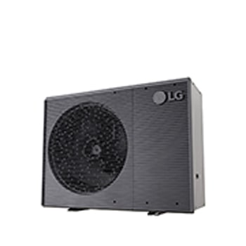 LG Air to Water Heat Pumps  HM051MRS UA40, bottom-right view of a black outdoor unit featuring a grey wavy grille.