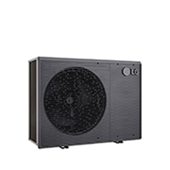 LG Air to Water Heat Pumps  HM051MRS UA40, left angle view of a black outdoor unit featuring a grey wavy grille.