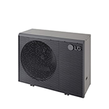 LG Air to Water Heat Pumps  HM051MRS UA40, top-right view of a black outdoor unit featuring a grey wavy grille.