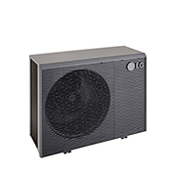 LG Air to Water Heat Pumps  HM051MRS UA40, top-left view of a black outdoor unit featuring a grey wavy grille.