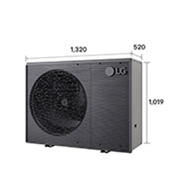 LG Air to Water Heat Pumps HM051MRS UA40, with dimensions labeled, black outdoor unit featuring a grey wavy grille.