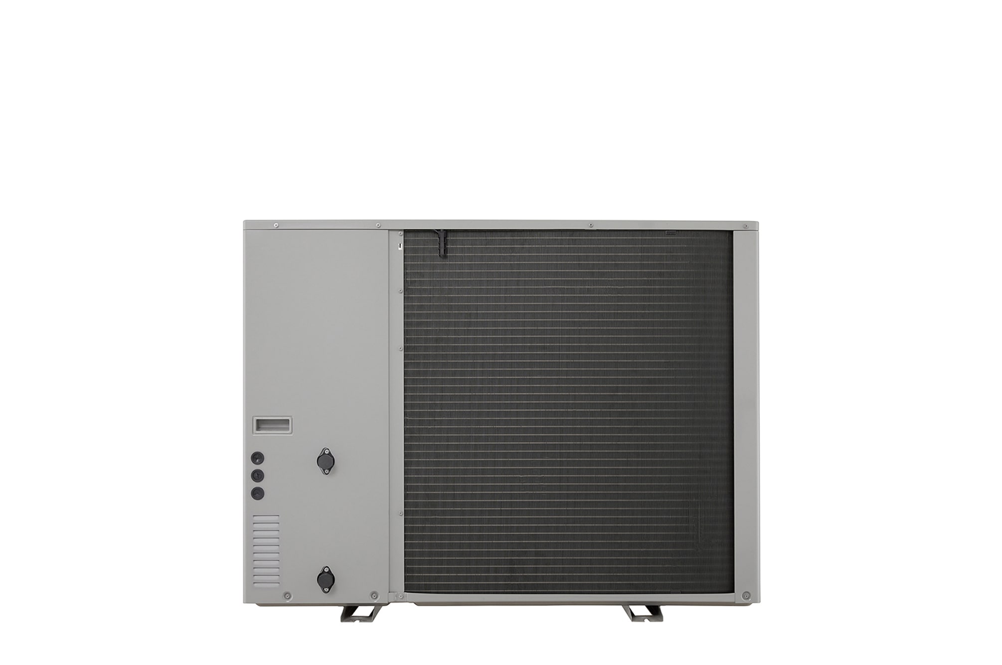 LG Air to Water Heat Pumps  HM051MRS UA40, back view of a black outdoor unit featuring a grey wavy grille.
