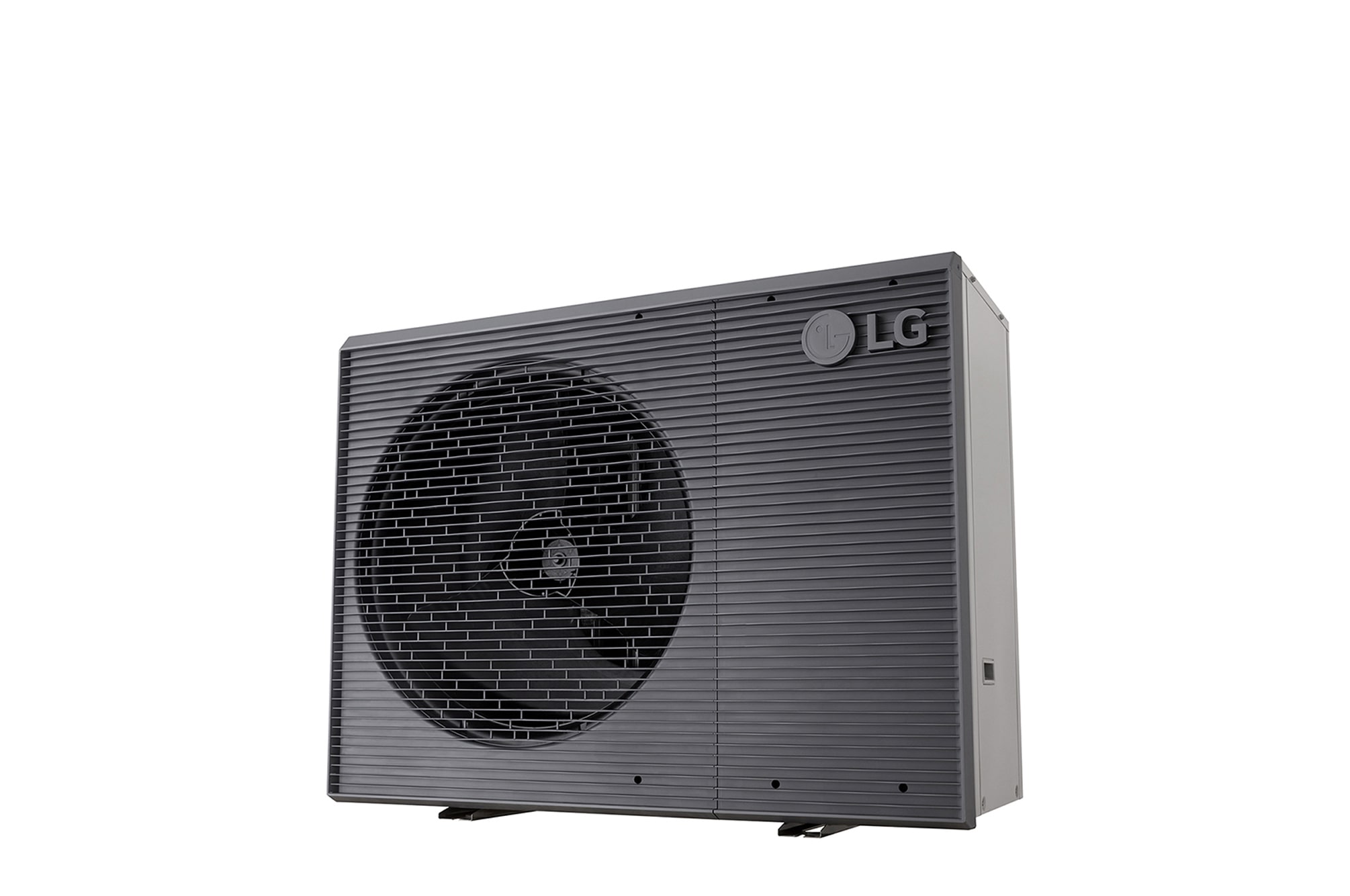 LG Air to Water Heat Pumps  HM051MRS UA40, bottom-right view of a black outdoor unit featuring a grey wavy grille.
