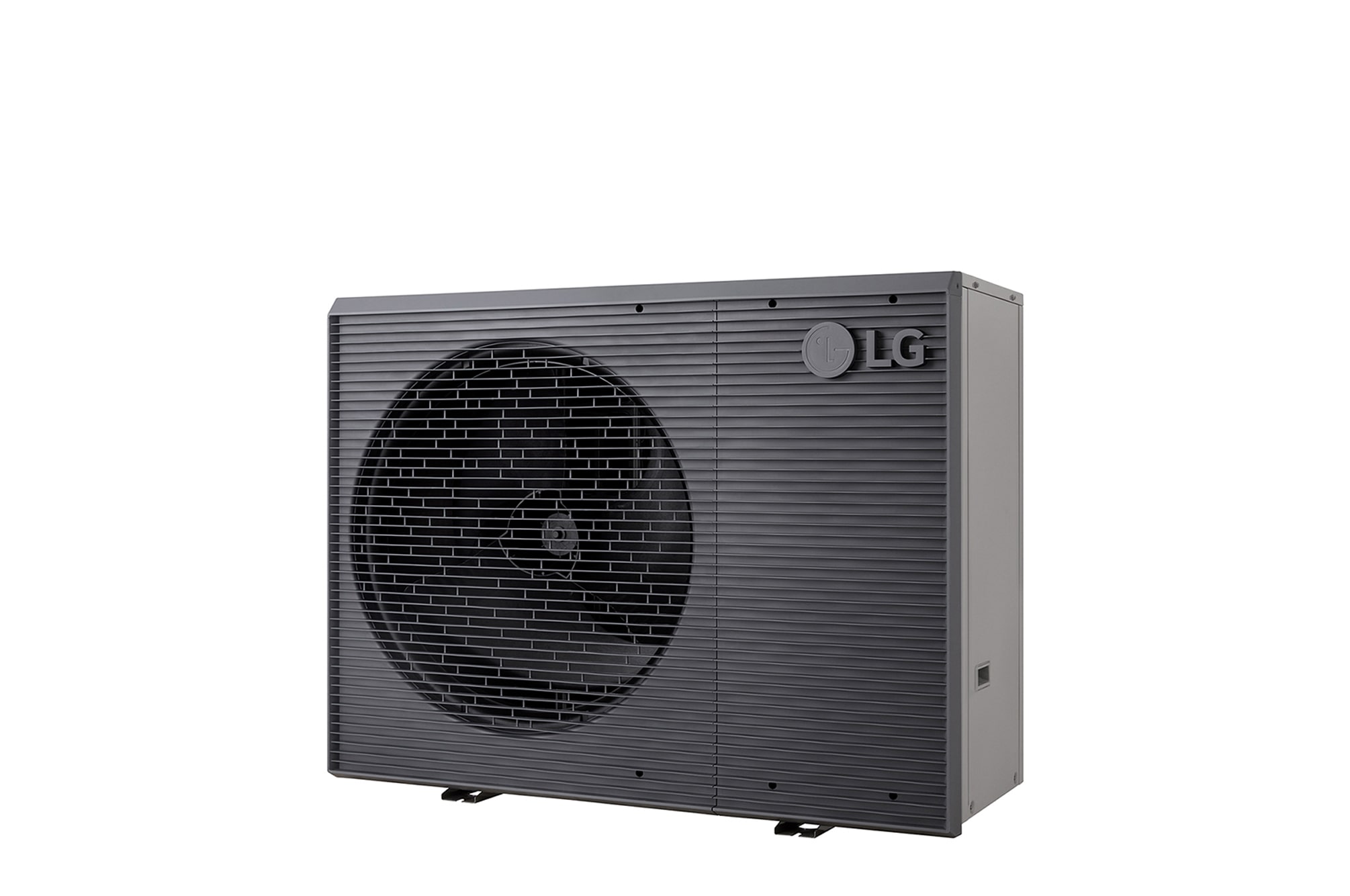 LG Air to Water Heat Pumps  HM051MRS UA40, right angle view of a black outdoor unit featuring a grey wavy grille.