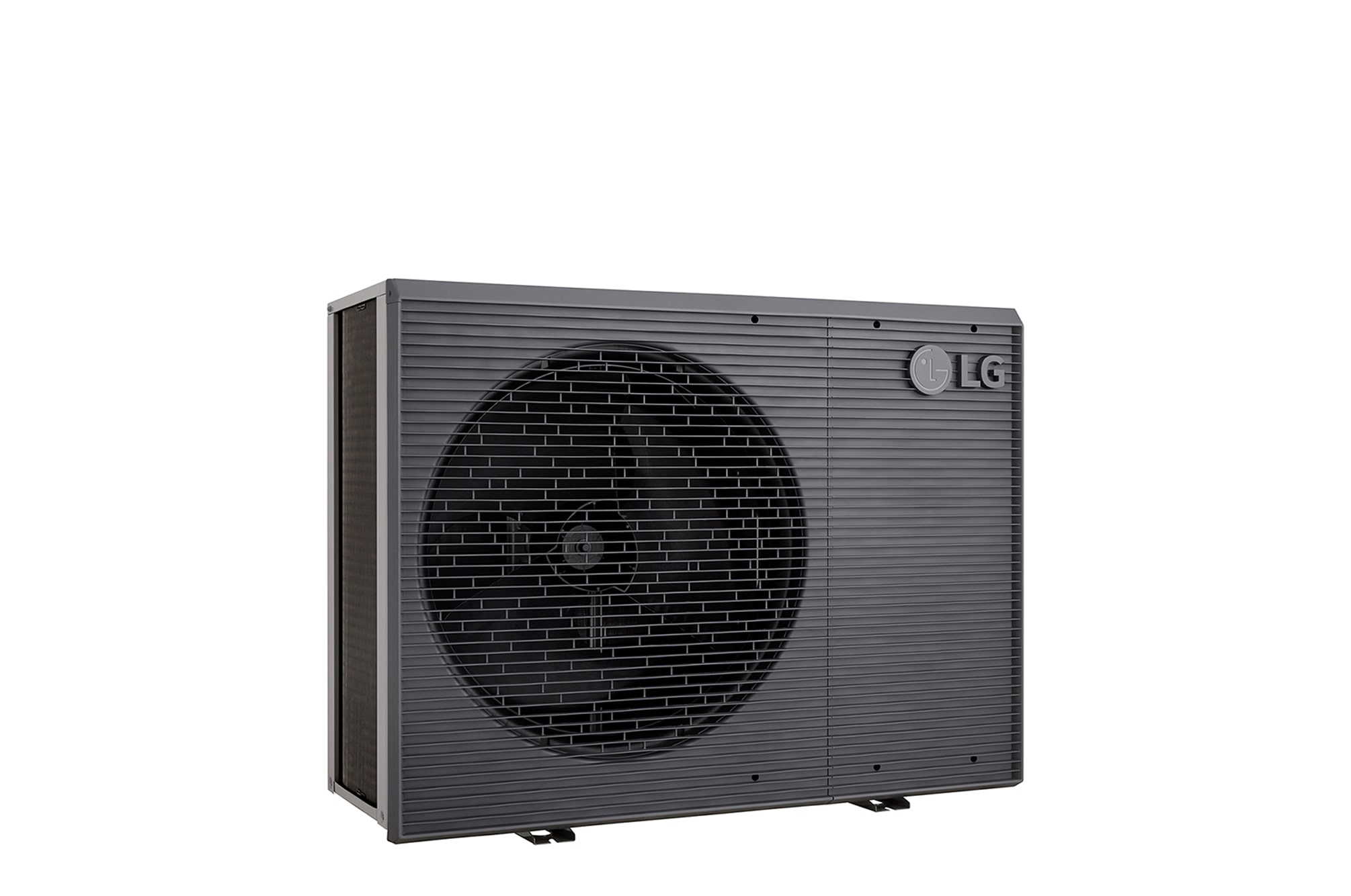 LG Air to Water Heat Pumps  HM051MRS UA40, left angle view of a black outdoor unit featuring a grey wavy grille.