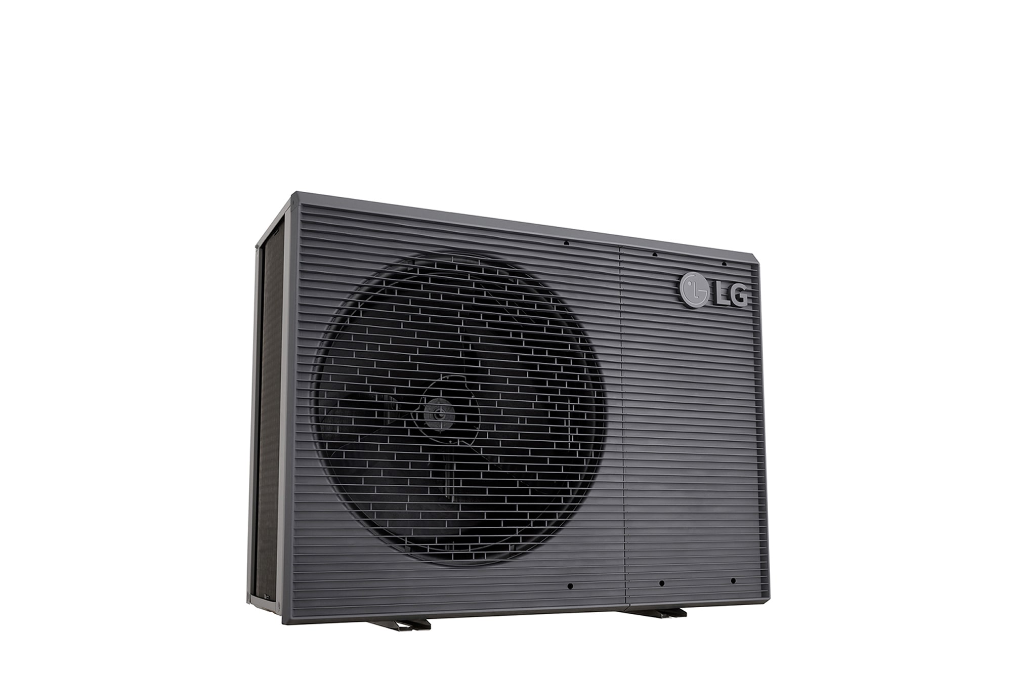 LG Air to Water Heat Pumps  HM051MRS UA40, bottom-left side view of a black outdoor unit featuring a grey wavy grille.