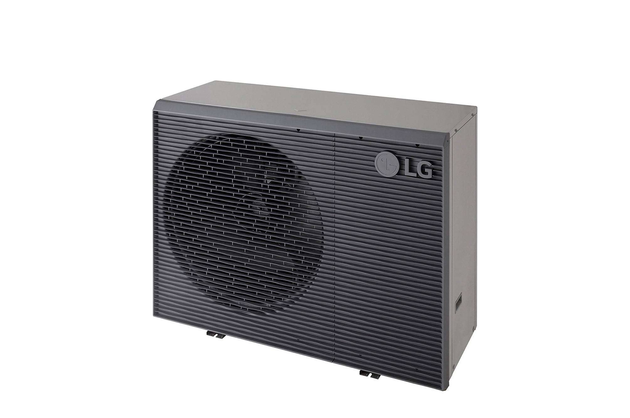 LG Air to Water Heat Pumps  HM051MRS UA40, top-right view of a black outdoor unit featuring a grey wavy grille.
