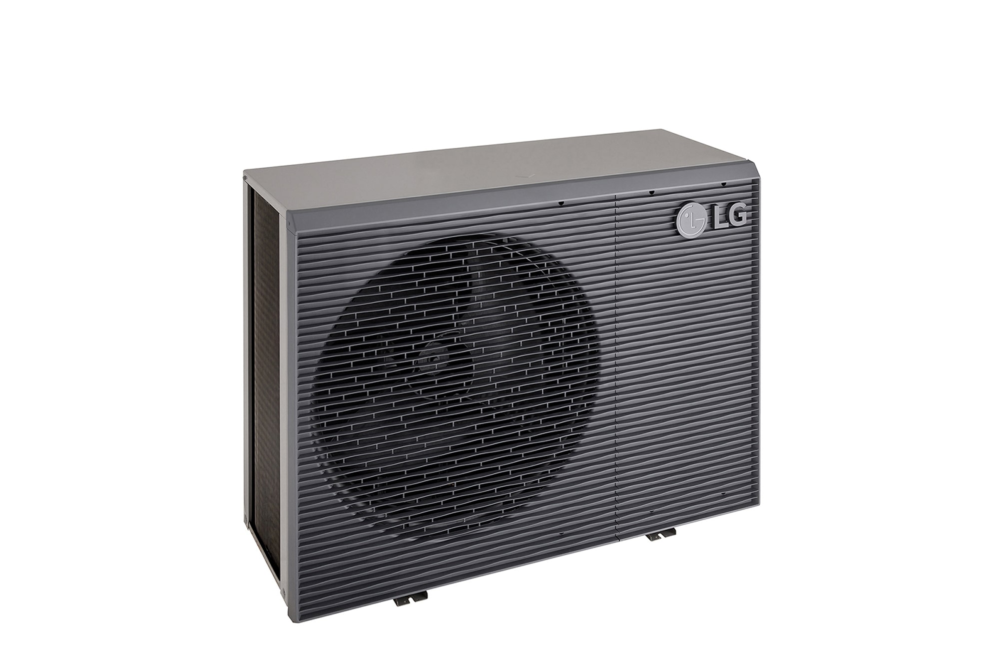 LG Air to Water Heat Pumps  HM051MRS UA40, top-left view of a black outdoor unit featuring a grey wavy grille.