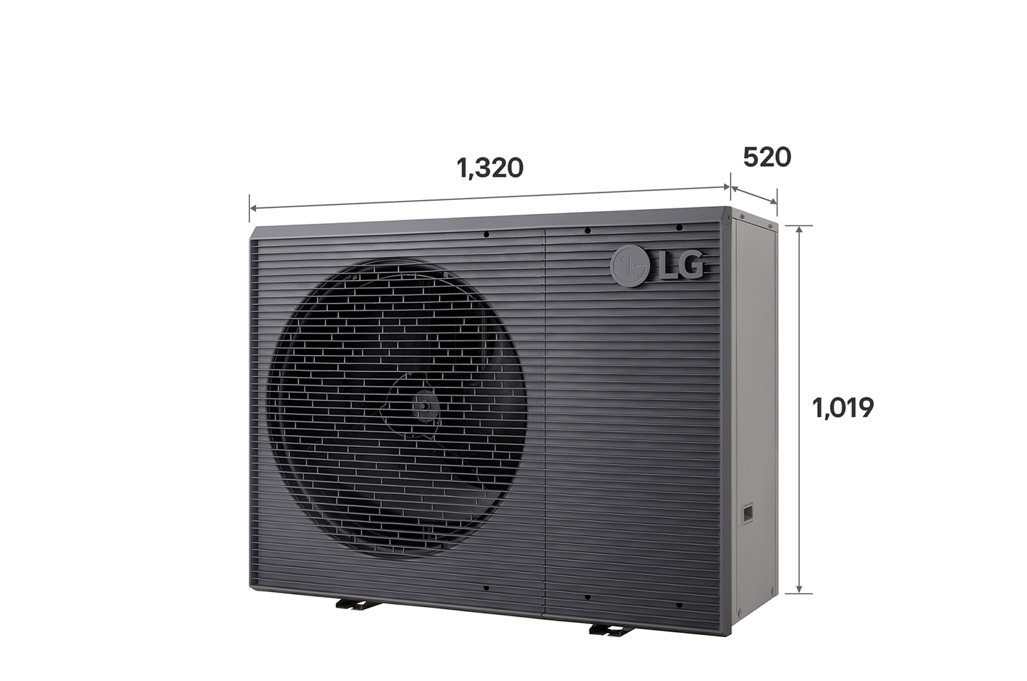 LG Air to Water Heat Pumps HM051MRS UA40, with dimensions labeled, black outdoor unit featuring a grey wavy grille.