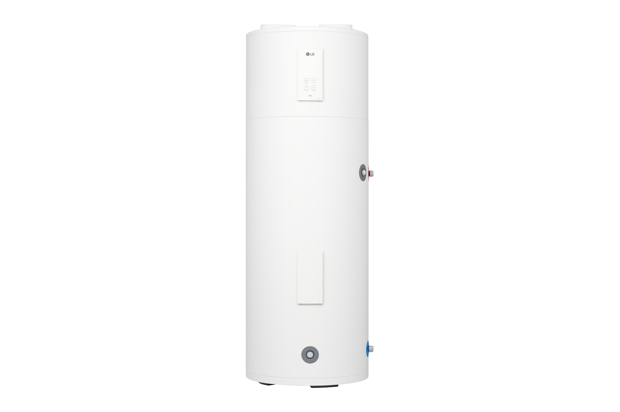 LG Air to Water Heat Pumps HM051MRS UA40, front view of a black outdoor unit featuring a grey wavy grille.