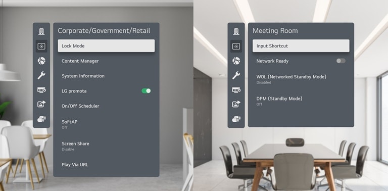 les_menus_les_plus_souvent_utilisés_sont_classés_par_secteur_d’activité_à_gauche_comme_« entreprise_/_secteur_public_/ Commerce » et à gauche comme « Salle de réunion ».