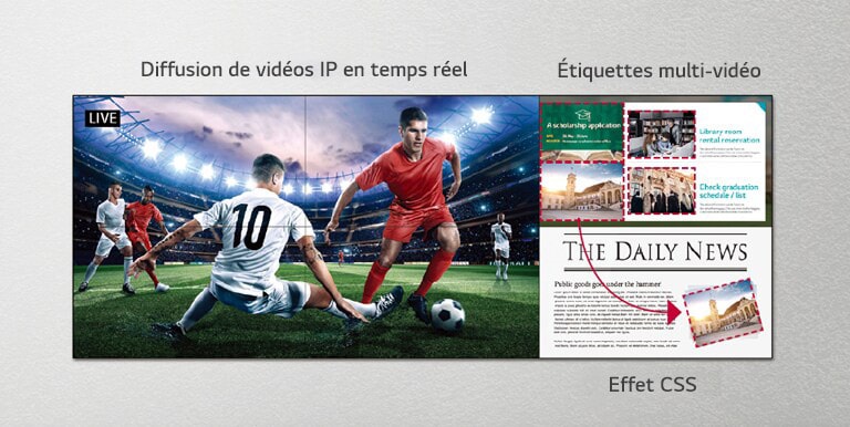 Un côté du mur d'images diffuse le streaming en direct d’une partie de football, tandis que l’autre côté de l’écran utilise des effets CSS pour ajouter plus de contenu.