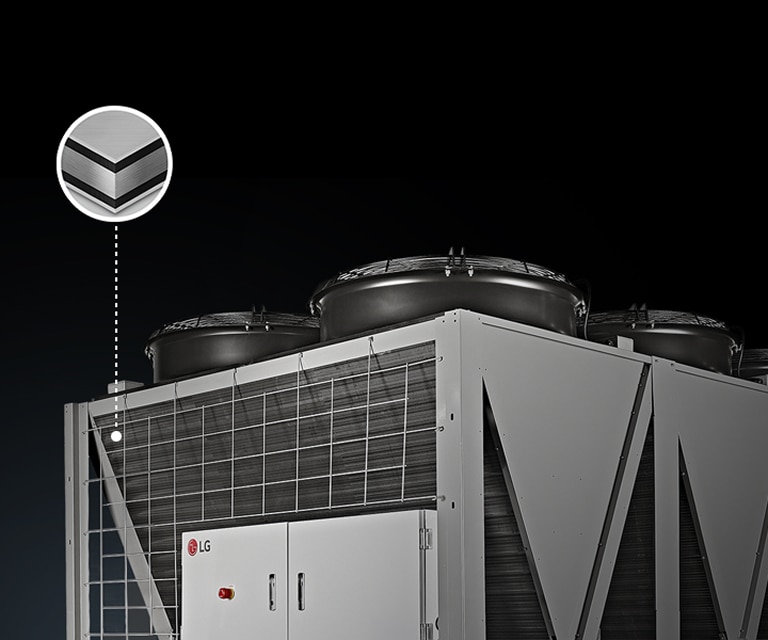 LG Air-cooled Screw Chiller on black background with an enlarged Black Fin layer overlaid to highlight durability.