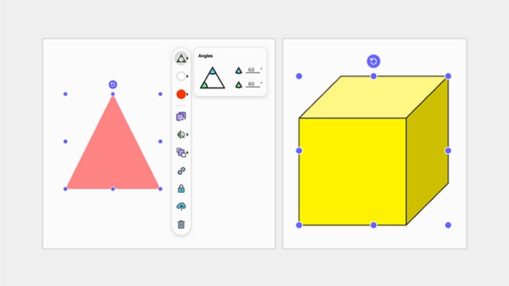 Un exemple montrant des formes en 2D et 3D dessinées à l’aide des outils de forme.